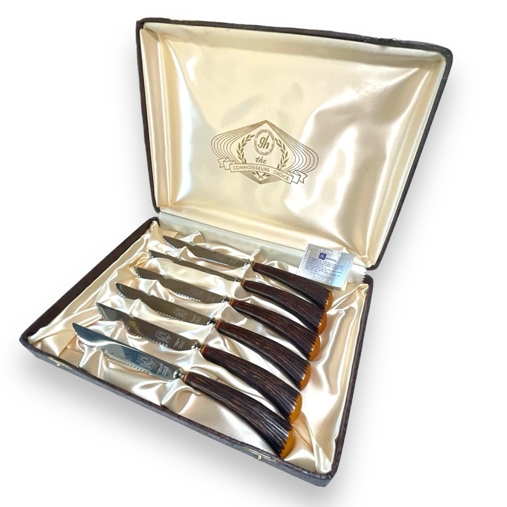 Vintage Glo Hill Steak Knife Set Bakelite Antler Steakmates Cutlery Flatware MCM